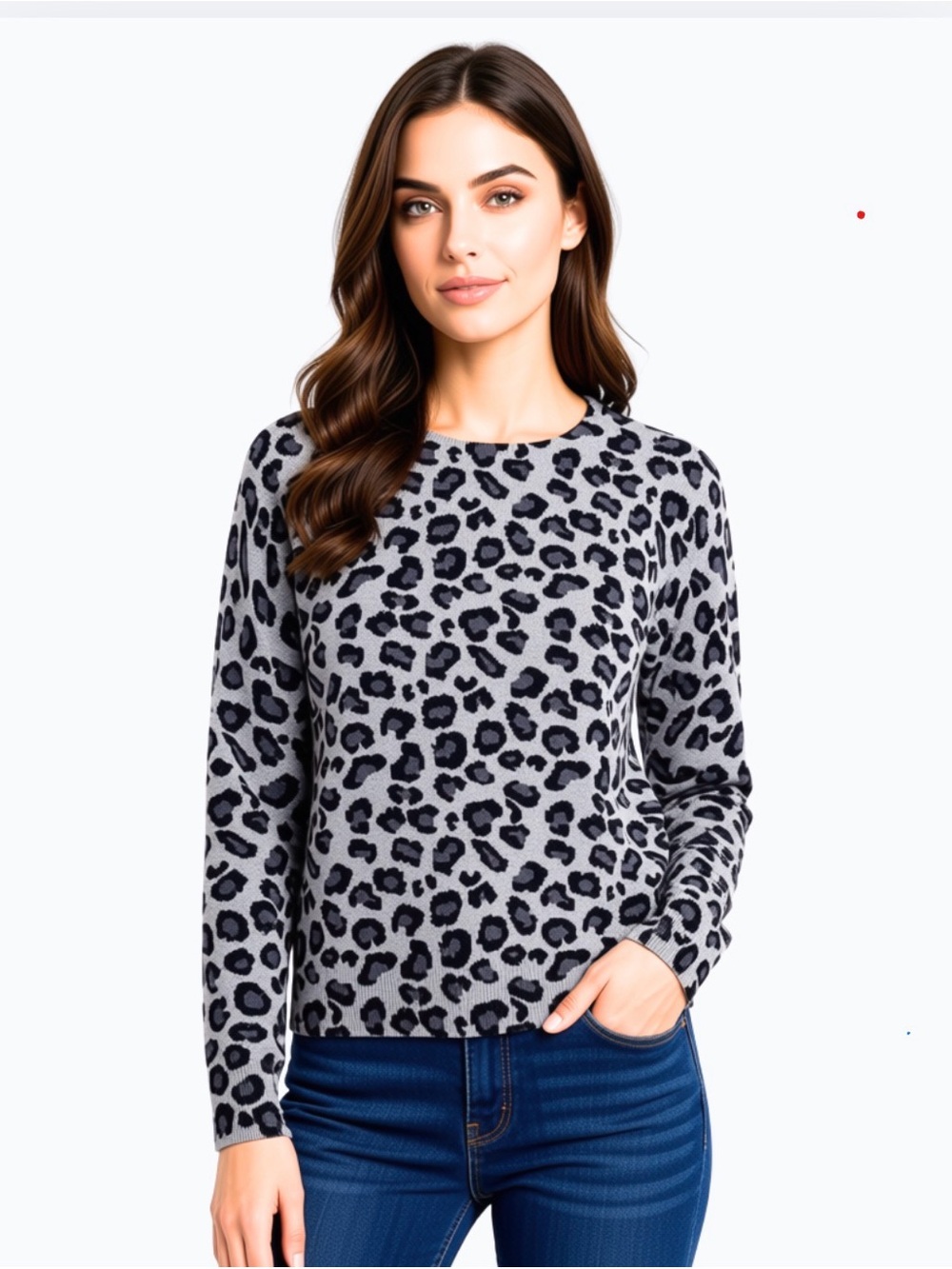 Cynthia Rowley 100% Cashmere Grey Leopard Print Long-Sleeve Fine Knit Sweater